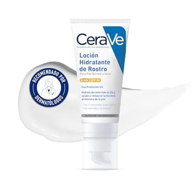 CeraVe, Loción Hidratante de Rostro SPF 50, Para Piel Normal a Seca, Hidratación y Alta Protección Contra los Rayos UVB/UVA, Enriquecida con Ceramidas, 52ml