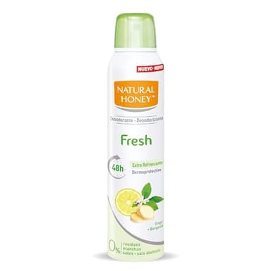 Natural Honey, Fresh Desodorante Spray Sin Aluminio Dermoprotectivo, 48H de Protección Natural Contra los Malos Olores, Formula Anti Manchas con Extractos Naturales de Jengibre y Bergamota, 200 ml