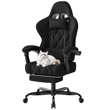 Devoko Silla Gaming Ergonómica de Tela Transpirable con Masaje Lumbar y Reposapiés Retráctil, Silla Gamer Reclinable con Muelles Ensacados y Espuma Viscoelástica, Base Metálica, 150 kg, Negro