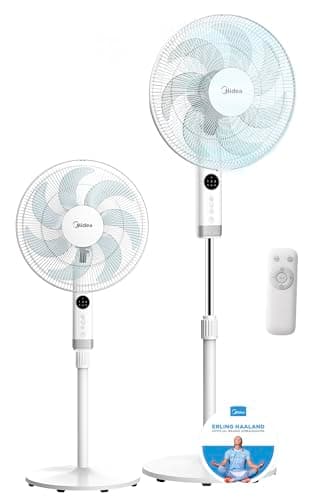 MIDEA Ventilador de Pie de 3 Velocidades con Control Remoto - Ventilador Silencioso con Oscilación 90º - Ventiladores de Pie con Temporizador, Panel LED, Potente Motor y Altura Ajustable - Fan