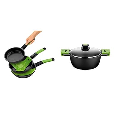 BRA Prior - Set De 3 Sartenes, Aluminio Fundido Antiadherente, Incluye Dos Salvamanteles Safe Verdes + Prior Cacerola Alta Con Tapa De Cristal Y Asas De Silicona, 24 Cm