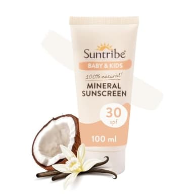 Crema Solar Natural Mineral Bebés & Niños FPS 30 Suntribe - 100 ml, Ecológica, Suave, sin Perfume - 100% Natural, Óxido de Zinc Sin Nanopartículas - "Mejor Crema Solar Mineral 2024" (The Independent)