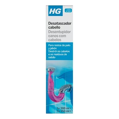 HG Desatascador de Pelo para Cañerías y Desagües, Elimina Tapones de Pelo de la Ducha, Bañera y Fregadero, Desbloquea Tuberías Rápidamente y con Seguridad - 200 ml + 250 ml