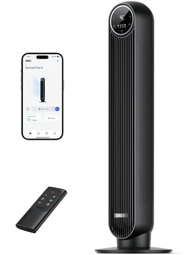 Dreo ventilador de pie silencioso, ventilador de torre con velocidad de 7,6 m/s, 4 velocidades, rotación de 90°, temporizador de 8 horas, pantalla LED y mando a distancia incluido. negro. Alexa