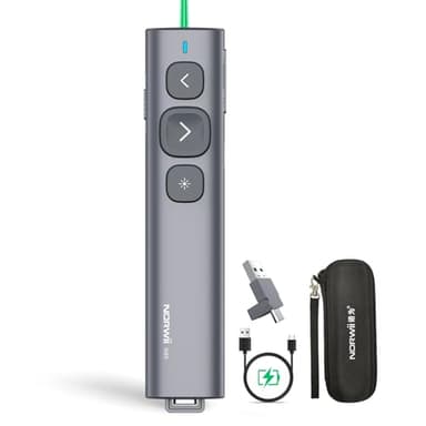 Norwii N95 Presentador con Receptor 2 en 1, PowerPoint Clicker para presentaciones a Distancia, Puntero inalámbrico Recargable para presentaciones (Verde, USB-AC)