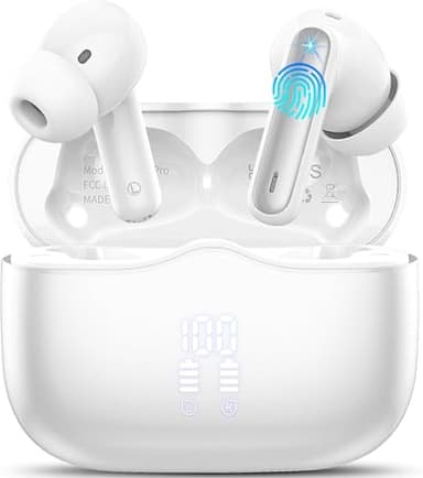 Auriculares Inalambricos Bluetooth, Auriculares Bluetooth 5.4 con Reducción de Ruido 4 Mic, 40H Cascos Inalambricos con HiFi Estéreo, Pantalla LED, IP7 Impermeable, Carga Rápida, Ajuste Cómodo, Blanco