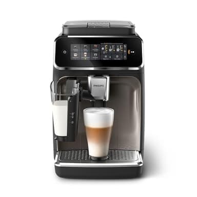 PHILIPS Serie 3300 Cafetera Superautomática - Sistema de leche LatteGo, 6 tipos de cafe, pantalla táctil, SilentBrew, Molinillo Cerámico, filtro AquaClean. Cromo negro (EP3347/90)