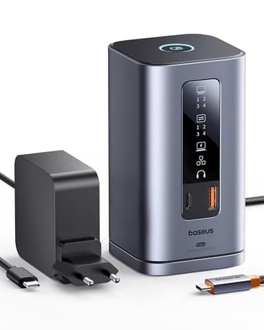 Baseus Estación de Acoplamiento [con 100W Cargador], Serie Spacemate 11 en 1, Docking Station 3 Monitores con 2 HDMI, 1 DP 4K@60Hz, USB-A/C 10 Gbps, 1 Gbps Ethernet, Compatible con Portátiles Windows