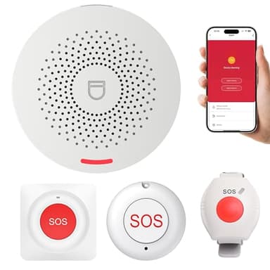 XUK Boton Emergencia Ancianos WiFi Compatible con Tuya – Avisador Personas Mayores Inalámbrico e Impermeable con 1 Receptor, 1 botón Redondo, 1 botón Cuadrado y 1 Pulsera de Alarma, Volumen Ajustable