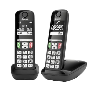 Gigaset E275 Duo - 2 Teléfonos DECT Inalámbrico - Teclado Fácil de Usar - Compatible con audífonos - Teclado y Botones Grandes - Pantalla Gráfica en Blanco y Negro Iluminada, Negro [Versión Española]