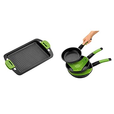BRA Plancha Asar, Negro, 40 cm Prior Set de 3 Sartenes, Aluminio Fundido Antiadherente, Incluye dos Salvamanteles Safe Verdes, Aptas para Todo Tipo de Cocinas Incluida Inducción, 18-22-26 cm