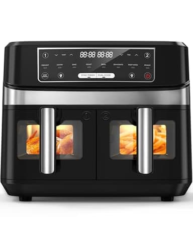 Freidora de Aire con Doble Cesta 10L, Grande Air Fryer con Ventana Visualizada, 8 en 1 Preajustes de Cocción con 2 Cajones 5L, 2600 W de alta potencia para una cocción rápida, Apto para lavavajillas