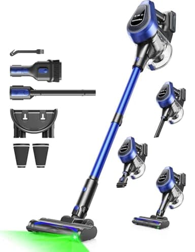 Ivormentico 50Mins Aspiradora sin Cable, 50KPA Aspirador sin Cable con LED Verde, 550W Escoba Aspiradora sin Cable con Filtro de 8 Capas, Aspirador Vertical con 1,5 L Contenedor para el Polvo, Azul