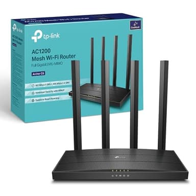 TP-Link Archer C6 - AC1200 Router WiFi, Doble Banda (5GHz/2.4GHz), 5xPuertos Gigabit, 4xAntenas Externas, MU-MIMO, WPA3, Modo Punto de Acceso, Tecnología OneMesh, Color Negro