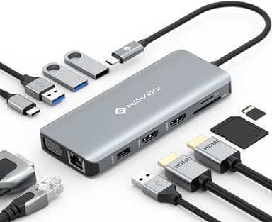 NOVOO Hub USB C con Doble HDMI 4K, Docking Station USB C 11 en 1 con RJ45 Gigabit Ethernet, 2 USB 3.0, 2 USB 2.0, VGA, Tipo C 100W PD, Tarjetas SD/TF Adaptador para MacBook Pro/Air, DELL, Lenovo