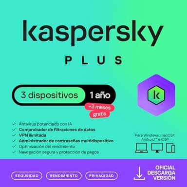 Kaspersky Plus Internet Security 2026 | 3 Dispositivos | 1 Año +3 Meses Gratis | Anti-Phishing y Firewall| VPN ilimitada | Gestor de contraseñas | Protección Bancaria en línea |Código por email