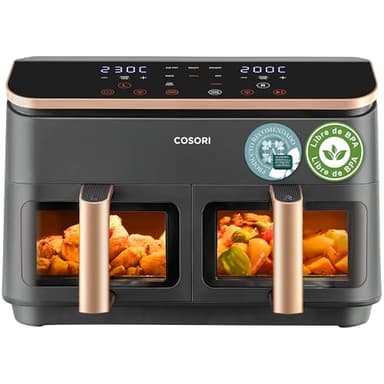 Cosori Freidora de Aire True Acero Inox-Doble Cesta 8,5L-Grande Air Fryer-Sync Cook de Alta Tecnología-Alta Potencia y Velocidad-55% de Ahorro Energético-10 Funciones-Máx 10 Personas-Limpiable