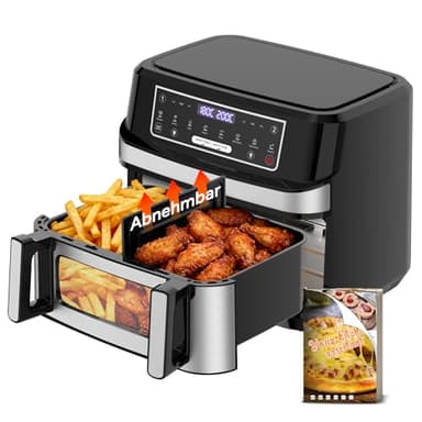 Freidora de Aire 12L XXL con Tecnología Dual Zone 2-en-1, Air Fryer 2600W con Ventana de Visualización y Luz Interior, Smart Finish y Match Cook, 8 Programas, Incluye Divisor y Recetario, Plata