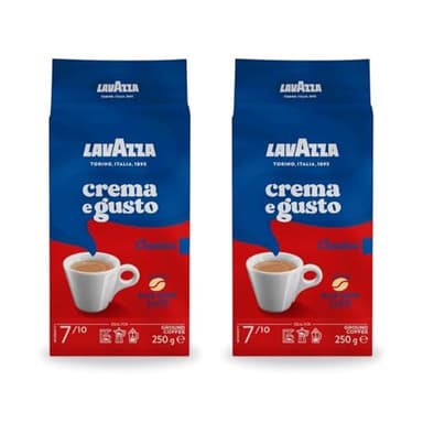 Lavazza, Crema e Gusto Classico, Café Molido Natural, 2 x 250 g, Ideal para Cafetera Italiana, de Filtro y Francesa, con Notas Aromáticas de Especias, Arábica y Robusta, Intensidad 7, Tueste Oscuro