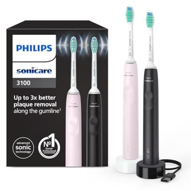Philips Sonicare 3100, cepillo dental eléctrico, cepillo dental sónico, sensor de presión y temporizador, rosa chicle y negro, pack doble, HX3675/15