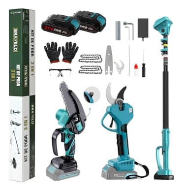 Kit de Poda a Bateria Profesional | Motosierra Lubricada con Depósito de Aceite + Tijeras de Podar Electricas 40 mm | Pertiga Telescopica hasta 4,5 m y Mango de Agarre | Incluye 2 Baterias
