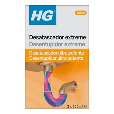 HG Desatascador Extreme para Desagües, Desbloqueador Potente para Fregaderos de Cocina y Baños, Limpiador de Tuberías, Líquido para Desagües y Desatascador de Pelo - 2x 500ml