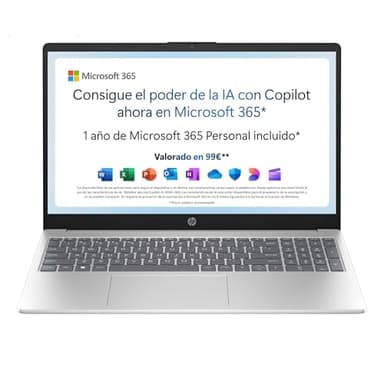 HP 15-fd0261ns - Ordenador portátil de 15.6" FHD (Intel N100, 4GB RAM, 128GB UFS, Intel UHD, Windows 11) Plata - Teclado QWERTY Español - Incluye Microsoft 365 Personal 12 Meses