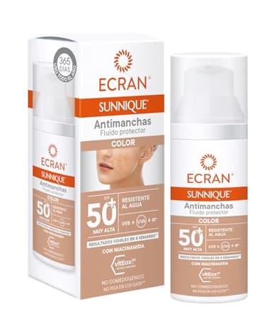 Ecran Sunnique - Fluido Protector Solar SPF 50+, con Color, Antimanchas, Protege de Quemaduras, Corrige Imperfecciones, Unifica el Tono de la Piel, Fórmula con VitEox 80 - 50 ml