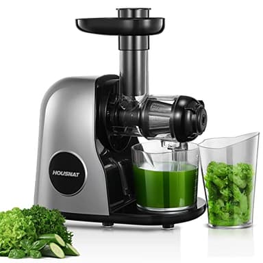 Licuadora Prensado en Frío, Housnat Extractor de Zumos y Verduras con Motor Silencioso y Función Inversa, Licuadora para Verduras y Frutas Fácil de Limpiar con un Cepillo Extra, con Recetas