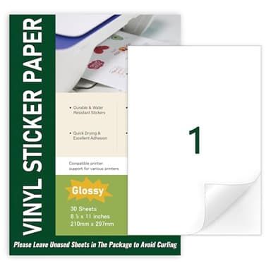 30 hojas de papel adhesivo de vinilo brillante impermeable A4, etiquetas autoadhesivas de hoja completa para impresoras de inyección de tinta y láser, 210 mm x 297 mm