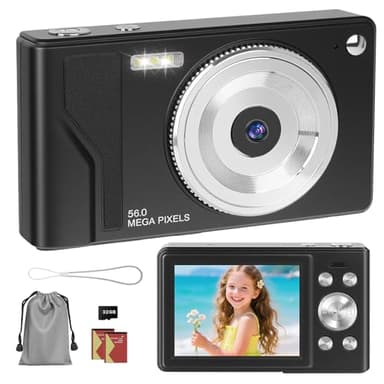 HERBYD Cámara Digital 56MP 1080P FHD con Autofoco, Zoom Digital 16X, Pantalla LCD 2.8", Tarjeta SD 32GB y 2 Baterías - Cámara Compacta Portátil para Niños, Adolescentes y Principiantes