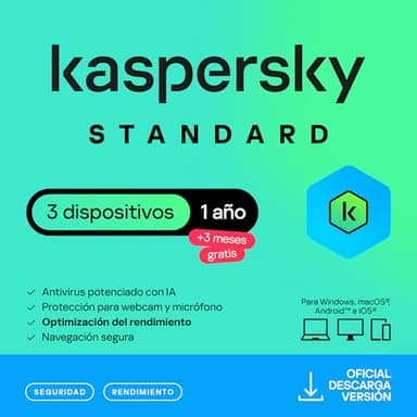 Kaspersky Standard Anti-Virus 2026 | 3 dispositivos | 1 Año +3 Meses Gratis | Seguridad Avanzada | Protección Bancaria en línea | Optimización del rendimiento | PC/Mac/Móvil | Código por email