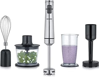 SEVERIN Batidora de mano sin cable con set prémium, batidora portátil con multipicadora, jarra de mezclas, triturador de patatas y varillas, negro/acero inoxidable , SM 3775