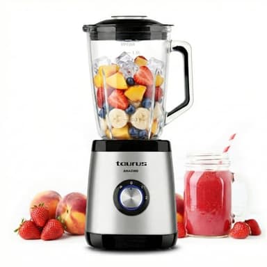 Taurus - Batidora de Vaso Magnum 1500, 1500W, Jarra de Cristal 1.5L, 4 Cuchillas de Acero Inoxidable Desmontables, Función Pica Hielo, Libre de BPA, Apta para Lavavajillas, 2 Velocidades y Turbo, Gris