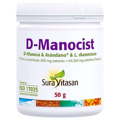 Sura Vitasan D-Manocist Polvo 50gr - Con Alta Concentración de D-Manosa, Arándano Rojo, Probióticos y Vitamina C - Suplemento Integral para el Bienestar Urinario y Cistitis - Alivio y Prevención