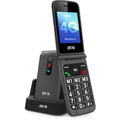 SPC Stella 3 - Teléfono móvil para Mayores con Tapa y 4G | Menú y Teclas Grandes | Botón SOS, configuración remota, Compatible audífonos y Volumen 103dB | Base de Carga y 3 memorias directas, Negro