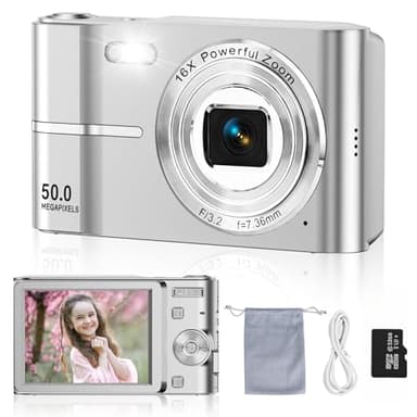 Cámara Digital Compacta 50MP 1080P FHD, Cámara de Fotos Compacta con Zoom Digital 16X y Pantalla LCD de 2,4", Tarjeta SD 32GB Incluida, Camara de Fotos Digital para Niños, Adolescentes y Principiantes