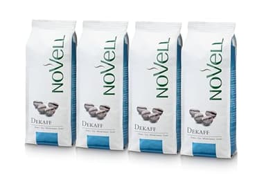 NOVELL - Café Descafeinado en Grano Natural 100% Arábico 1kg | Descafeinado en Grano para Experiencia Gourmet Premium | 4 Bolsas de 250 g | Fácil Uso con Válvula Unidireccional | 100% Arábica