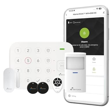 NIVIAN - Sistema de Alarma WiFi Inteligente para Casa o Negocio, Kit con Sensor de Movimiento, Sensor de Puerta, Mando y RFID | Sin Cuotas, Control por App y Voz | Fácil Instalación Inalámbrica