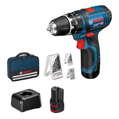 Bosch Professional 12V System GSB 12V-15 - Taladro percutor a batería (30 Nm, 1300 rpm, 2 baterías x 2.0 Ah, set 39 accesorios, en maletín de lona) - Amazon Exclusive