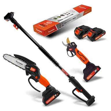Altuna Kit de Poda a Batería de Titanio - Motosierra a Batería + Tijeras de Podar Eléctricas + Pértiga Telescópica para Poda en Altura hasta 3,7 Metros - Incluye 2 Baterías - con Cargador y Gafas