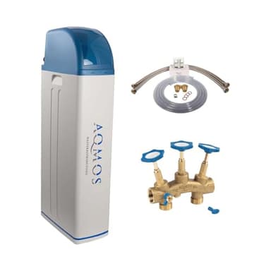Aqmos R2D2-72 - Sistema de endurecimiento de agua con kit de conexión de 1" y bloque de montaje de 1" | Ablandador de agua para hogares de hasta 7 personas | Sistema de descalcificación