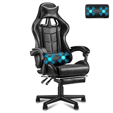 Soontrans Silla Gaming con Masajeador, Silla Gamer con Reposapiés Reposacabeza, Ergonómica, Cojín Lumbar de Masaje, Sillas Gaming para Gaming Livesteam Youtube PlayStation (Negro)