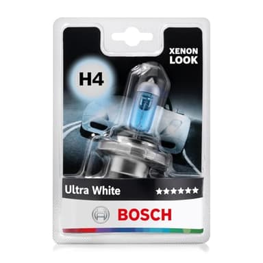 Bosch H4 Ultra White, Lampadina Alogena para Faro Delantero, 12 V 60/55 W, Moderno Efecto LED Blanco - Casquillo Tipo P43t - Recambio de Luz para Coche, Paquete de 1 Lámpara