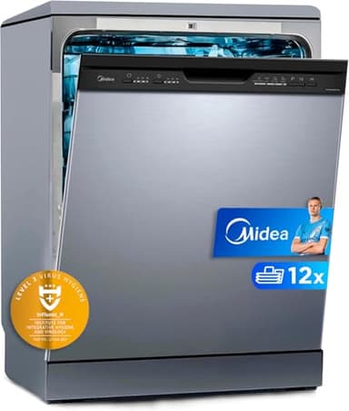 Midea Lavavajillas 60 cm+++ Inox para 12 servicios - Lavaplatos libre instalación - Compacto con 5 Programas de Lavado integrable - Filtro Antibacterias y Programación Horaria Nuevo Modelo