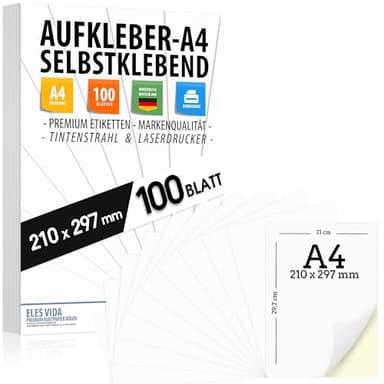 100 etiquetas autoadhesivas DIN A4, 210 x 297 mm, imprimibles universalmente, superficie blanca mate, compatibles con impresoras de inyección de tinta y láser, para muchas aplicaciones, de Alemania