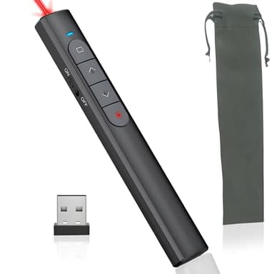 Puntero Laser Presentaciones + Bolsa de Almacenaje – Mando Presentaciones Inalámbrico – Pasador Diapositvas y Control de Volumen y Pantalla – Control Largo Alcance – Puntero para Conferencias (Negro)