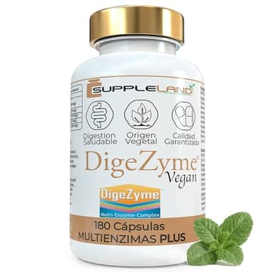 SUPPLELAND - 180 Capsulas. Enzimas Digestivas Veganas DigeZyme® – Suplemento Digestivo Natural en Cápsulas Vegetales – Enzimas para Gases, Hinchazón y Digestión Pesada – Sin Gluten ni Lactosa.
