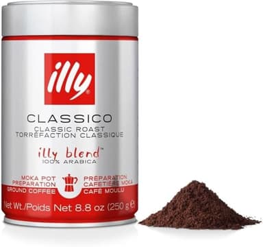 illy, Cafè Molido para Cafeteras Moka CLASSICO, 100% Arábica con Notas de Azahar y Jazmín, Sabor Suave y Sabor Final Dulce, Paquete de 250g