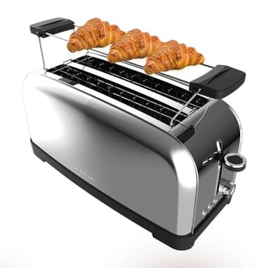 Cecotec Tostador Vertical Toastin' Time 1500 Inox, 1500W, Doble ranura larga y ranura ancha 3,8cm, Varillas Superiores, Acero Inoxidable, Apagado y Pop-up Automático, Recogemigas